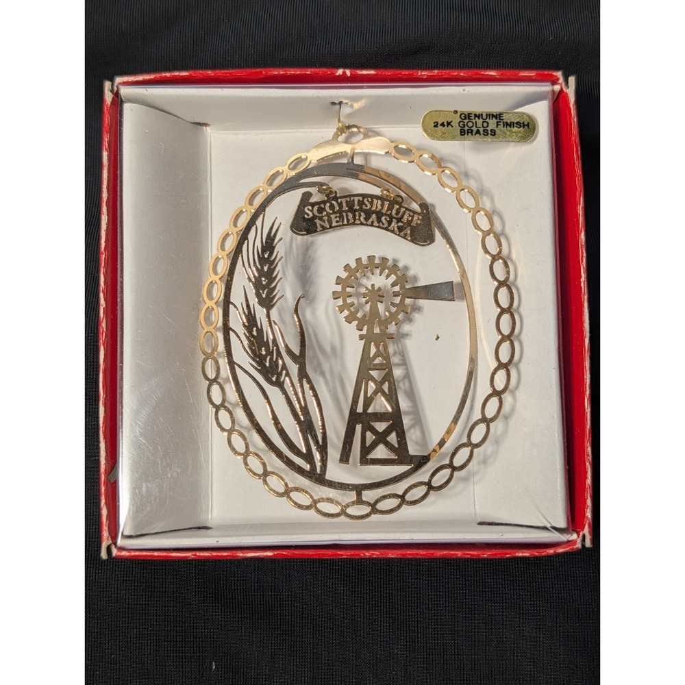 NIB VTG Scottsbluff Nebraska Windmill 24K‎ Gold Finish Brass Ornament